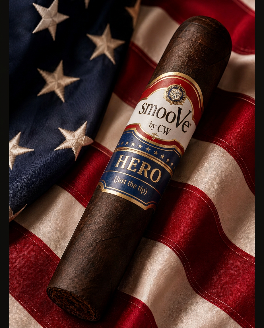 SmooVe Cigar Brand HERO flagship premium cigar with gold band resting against an American flag